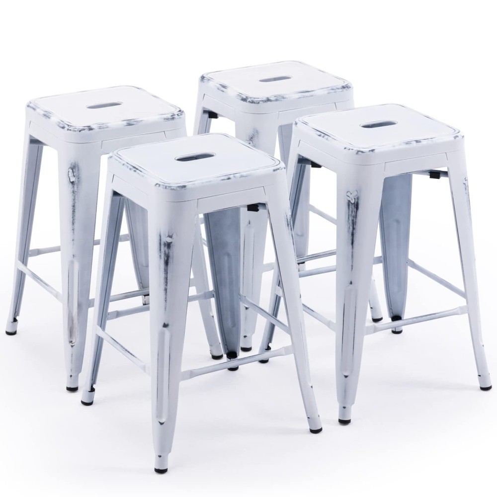 Vogue Furniture Direct 24 Inch Metal Bar Stools, Backless Counter Height Barstools, Indoor Outdoor Stackable Stools With Square Seat, Set Of 4 (Distressed White)