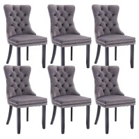 Virabit Tufted Dining Chairs Set Of 6, Velvet Upholstered Dining Chairs With Nailhead Back And Ring Pull Trim, Solid Wood Dining Chairs For Kitchen/Bedroom/Dining Room (Grey)