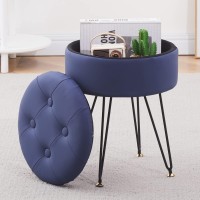 Cpintltr Faux Leather Storage Ottoman Round Footrest Stool Multifunctional Upholstered Ottoman With Metal Legs Modern Vanity Stools Tray Top Coffee Table Suitable For Living Room Bedroom Blue