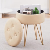 Cpintltr Faux Leather Storage Ottoman Round Footrest Stool Multifunctional Upholstered Ottoman With Metal Legs Modern Vanity Stools Tray Top Coffee Table Suitable For Living Room Bedroom Beige