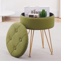 Cpintltr Faux Leather Storage Ottoman Round Footrest Stool Multifunctional Upholstered Ottoman With Metal Legs Modern Vanity Stools Tray Top Coffee Table Suitable For Livingroom Bedroom Macha Green