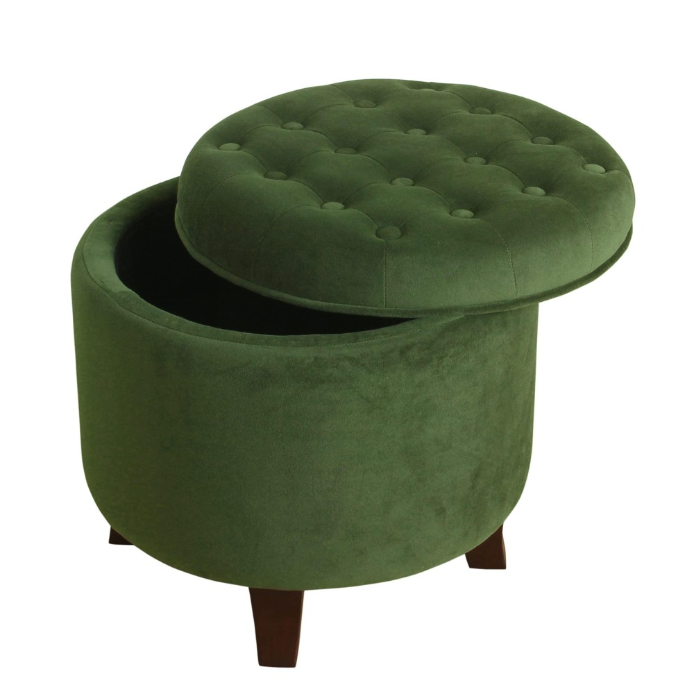 Homepop By Kinfine Fabric Upholstered Round Storage Ottoman - Velvet Button Tufted Ottoman With Removable Lid, Dark Green Small