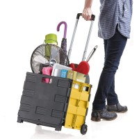 Inspired Living Ultra-Slim Rolling Collapsible Storage Pack-N-Roll Utility-Carts, With Telescopic Handle, For Home, Garden, Shopping, Office, School Use, Medium, Yellow & Black