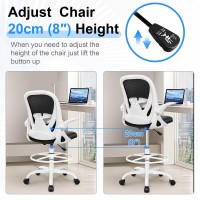 Primy Drafting Chair Tall Office Chair With Flip-Up Armrests Executive Ergonomic Computer Standing Desk Chair With Lumbar Support And Adjustable Footrest Ring(White)