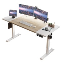Heonam 63 X 30 Inches Electric Standing Desk, Height Adjustable Stand Up Table,Ergonomic Sit Stand Desk Workstation With Splice Board,Single Motor,White Frame/White And Oak Top