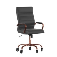Whitney High Back Black LeatherSoft Executive Swivel Office Chair with Rose Gold Frame, Arms, and Transparent Roller Wheels