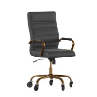 Whitney High Back Black LeatherSoft Executive Swivel Office Chair with Gold Frame, Arms, and Transparent Roller Wheels