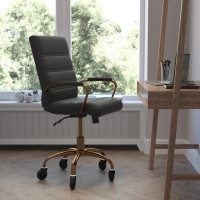 Camilia Mid-Back Black Leathersoft Executive Swivel Office Chair With Gold Frame, Arms, And Transparent Roller Wheels