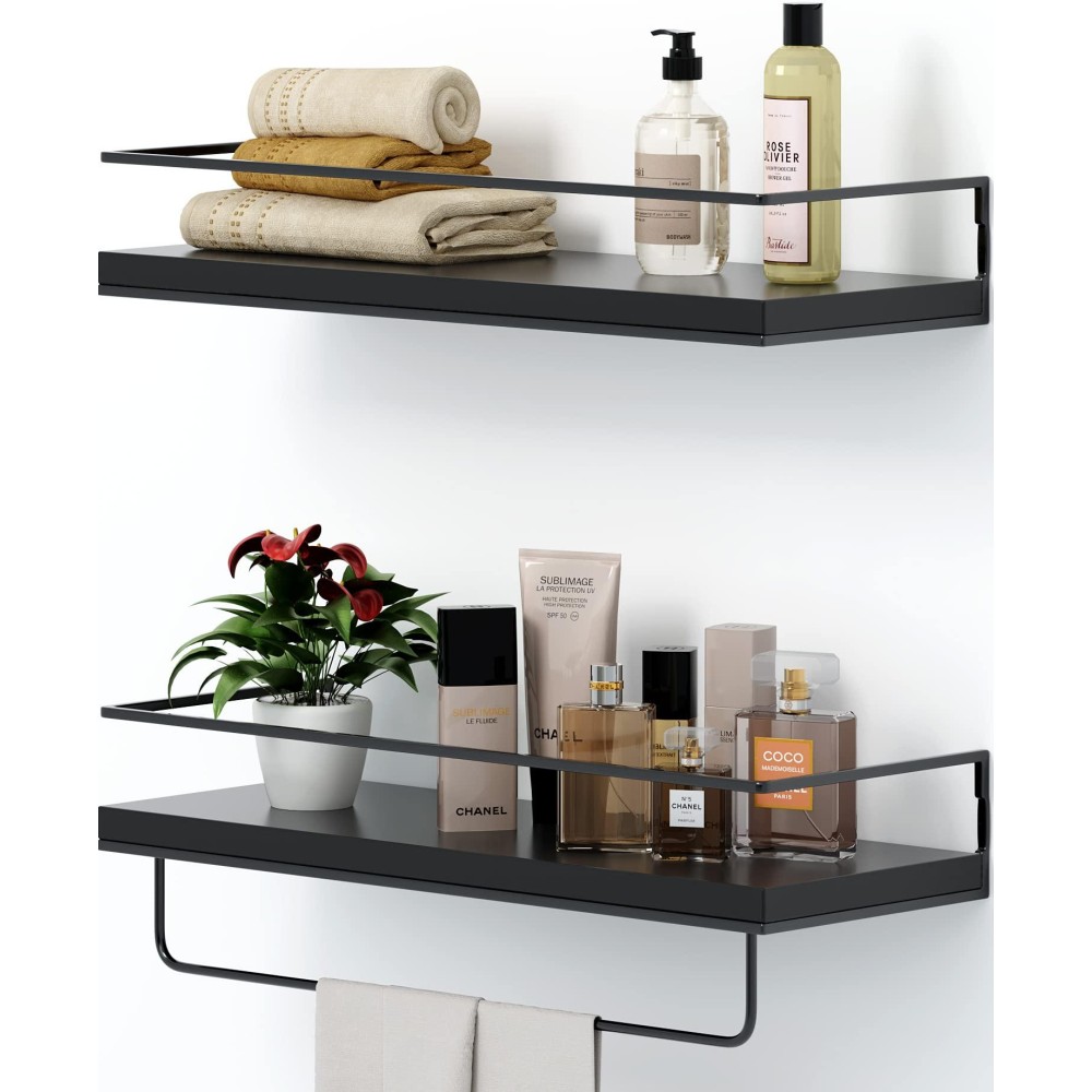 Shario Black Wood Floating Shelves Set Of 2 Wall Mounted Hanging Shelves With Black Towel Rack Decorative Storage Shelves Fo