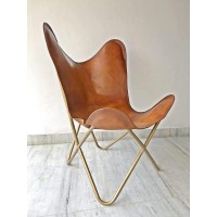 Skado Home D?Cor Genuine Leather Butterfly Arm Chair-Handmade With Brown Cover - Tan