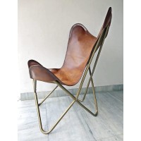 Skado Home D?Cor Genuine Leather Butterfly Arm Chair-Handmade With Brown Cover - Tan