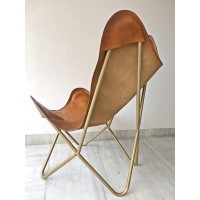 Skado Home D?Cor Genuine Leather Butterfly Arm Chair-Handmade With Brown Cover - Tan