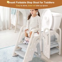 Onasti Foldable Toddler Step Stop For Bathroom Sink, Adjustable 3 Step Stool For Kids Toilet Potty Training Stool With Handles, Child Kitchen Counter Stool Helper, Plastic Ladder For Toddlers Grey