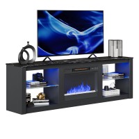 Bestier Electric Fireplace Tv Stand For 75 Inch Tv, Led Entertainment Center With Glass Shelves For Living Room Morden 70 Inch Tv Cabinet Black Marble