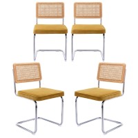 Zesthouse Rattan Dining Chairs 4Pcs, Velvet Accent Chairs With Natural Cane Back & Stainless Chrome Base, Modern Mid Century Breuer Designed Chairs, Upholstered Kitchen Dining Room Chairs