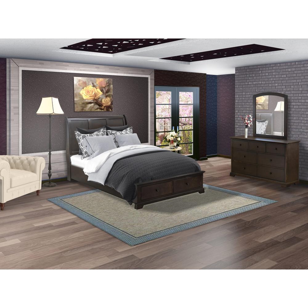 East West Furniture Cordova 3PC Bedroom Set Contains a Platform Bed Mid Century Modern Mirror and a Bedroom Dresser with 6 Dra