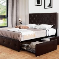 Allewie Upholstered Queen Size Platform Bed Frame With 4 Storage Drawers And Headboard, Diamond Stitched Button Tufted, Mattress Foundation With Wooden Slats Support, No Box Spring Needed, Black Brown