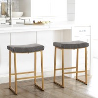 Maison Arts Grey & Gold Bar Stools Set Of 2 Counter Height 24 Inches Saddle Stools For Kitchen Counter Backless Modern Gold Barstools Upholstered Faux Leather Stools Farmhouse Island Chairs