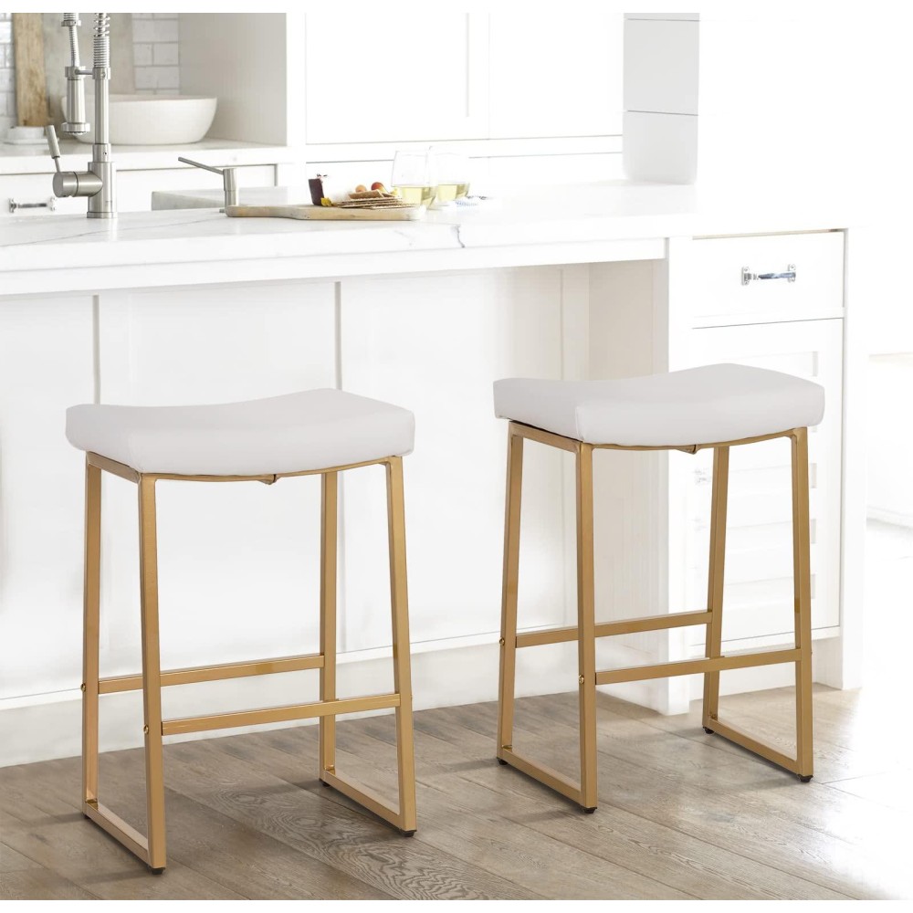 Maison Arts White & Gold Bar Stools Set Of 2 For Kitchen Counter Backless Counter Height 24 Inches Saddle Stools Modern Gold Barstools Upholstered Faux Leather Stools Farmhouse Island Chairs