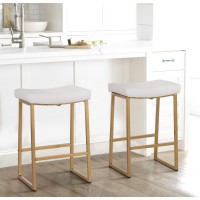 Maison Arts White & Gold Bar Stools Set Of 2 For Kitchen Counter Backless Counter Height 24 Inches Saddle Stools Modern Gold Barstools Upholstered Faux Leather Stools Farmhouse Island Chairs