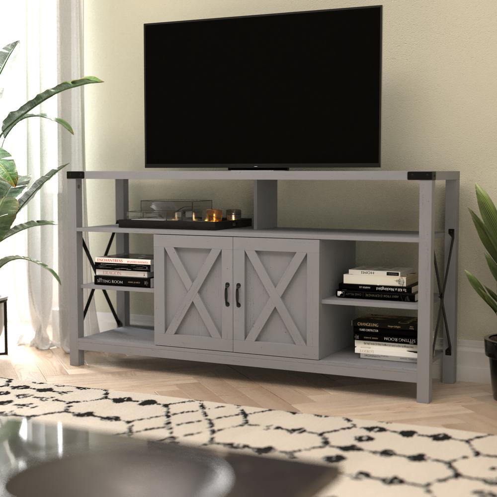 Wyatt 60 Modern Farmhouse Tall TV Console Cabinet with Storage Cabinets and Shelves for TVs up to 60 Coastal Gray