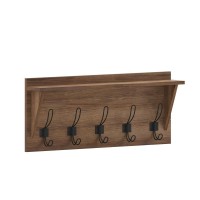 Daly Wall Mounted 24 Inch Solid Pine Wood Storage Rack with Upper Shelf and 5 Hooks For Entryway Kitchen Bathroom Weathered
