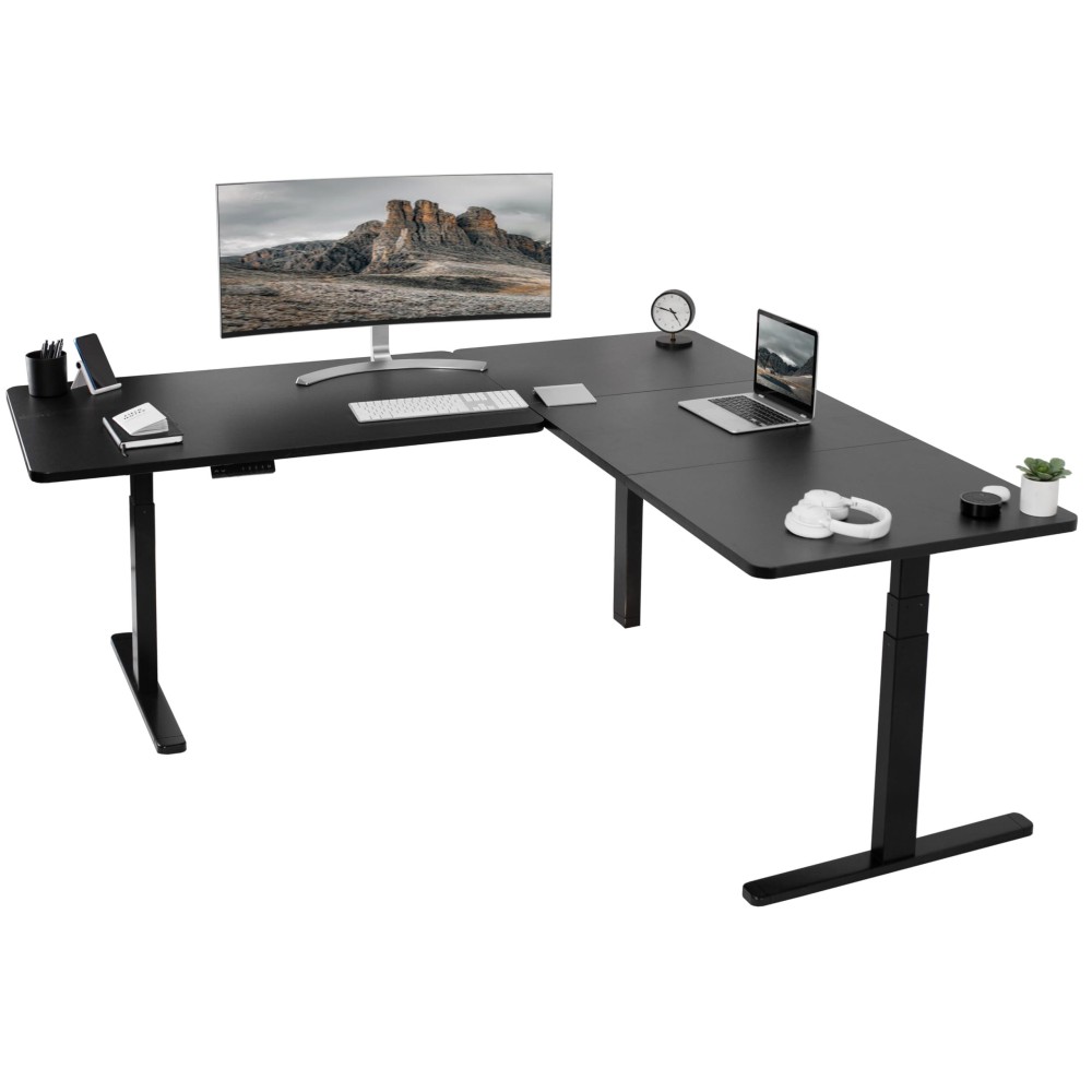 Vivo Electric Height Adjustable 77 X 71 Inch Corner Stand Up Desk, 2 Black 30 Inch Deep Table Tops, Black Frame, Memory Controller, L-Shaped Workstation, 3E Series, Desk-Kit-3E7B