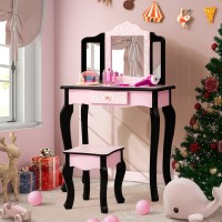 Costzon Kids Vanity Table And Chair Set, Girls Vanity Set With Mirror And Stool, Storage Drawer, Wooden Princess Makeup Dressing Table, Toddler Vanity, Pretend Play Vanity Set For Little Girls