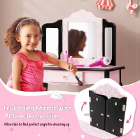 Costzon Kids Vanity Table And Chair Set, Girls Vanity Set With Mirror And Stool, Storage Drawer, Wooden Princess Makeup Dressing Table, Toddler Vanity, Pretend Play Vanity Set For Little Girls