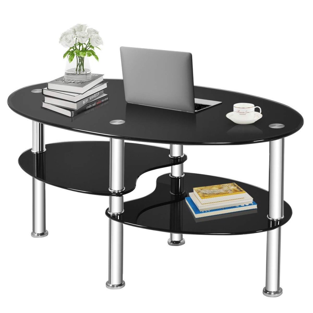 Casart Coffee Tables, Tempered Glass Oval Tea Tables With 2 Shelves, Steel Legs Modern 3 Tiers Cocktail Snack Table For Living Room Bedroom Office (Black)