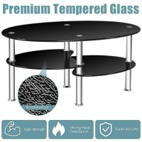Casart Coffee Tables, Tempered Glass Oval Tea Tables With 2 Shelves, Steel Legs Modern 3 Tiers Cocktail Snack Table For Living Room Bedroom Office (Black)