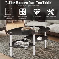 Casart Coffee Tables, Tempered Glass Oval Tea Tables With 2 Shelves, Steel Legs Modern 3 Tiers Cocktail Snack Table For Living Room Bedroom Office (Black)