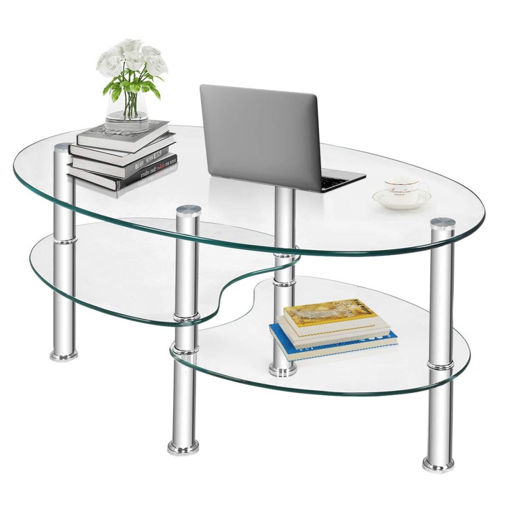 Casart Coffee Tables, Tempered Glass Oval Tea Tables With 2 Shelves, Steel Legs Modern 3 Tiers Cocktail Snack Table For Living Room Bedroom Office (Transparent)