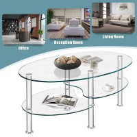 Casart Coffee Tables, Tempered Glass Oval Tea Tables With 2 Shelves, Steel Legs Modern 3 Tiers Cocktail Snack Table For Living Room Bedroom Office (Transparent)