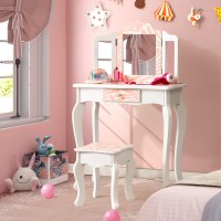 Costzon Kids Vanity Table And Chair Set, Girls Vanity Set With Mirror And Stool, Storage Drawer, Wooden Princess Makeup Dressing Table, Toddler Vanity, Pretend Play Vanity Set For Little Girls