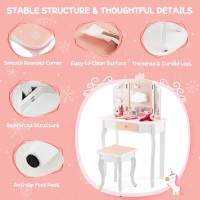 Costzon Kids Vanity Table And Chair Set, Girls Vanity Set With Mirror And Stool, Storage Drawer, Wooden Princess Makeup Dressing Table, Toddler Vanity, Pretend Play Vanity Set For Little Girls