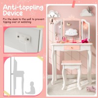 Costzon Kids Vanity Table And Chair Set, Girls Vanity Set With Mirror And Stool, Storage Drawer, Wooden Princess Makeup Dressing Table, Toddler Vanity, Pretend Play Vanity Set For Little Girls