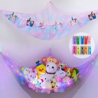 Fiobee Stuffed Animals Net Or Hammock, Stuffed Animals Storage Holder Toy Hammock Organizer Hanging With Led Light Photo Clips For Nursery Play Room Kids Bedroom Pack Of 2, Purple