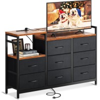 Odk Tv Stand With Charging Station, 52'' Long Tv Stand For Living Room Tv Stand With 8 Drawers, Vintage And Black