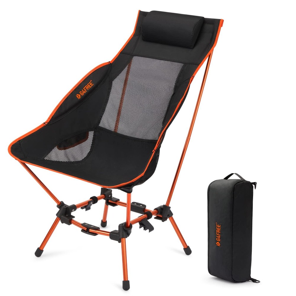 G4Free Folding Camp Chair High Back Lightweight Camping Chair With Removable Pillow, Side Pocket & Carry Bag, Compact & Heavy Duty 385Lbs For Outdoor Hiking Backpacking Beach Picnic Travel Orange