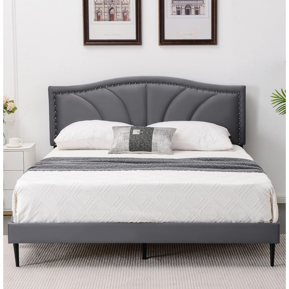 Askmore Queen Size Bed Frame,Velvet Upholstered Platform Bed With Decorative Flower Line & Nailhead Trim Headboard With Wood Slat Support,No Box Spring Needed,Easy Assembly, Grey