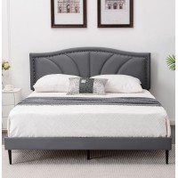 Askmore Queen Size Bed Frame,Velvet Upholstered Platform Bed With Decorative Flower Line & Nailhead Trim Headboard With Wood Slat Support,No Box Spring Needed,Easy Assembly, Grey