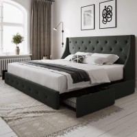 Allewie King Size Bed Frame With 4 Storage Drawers And Wingback Headboard, Button Tufted Design, No Box Spring Needed, Dark Grey