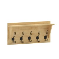 Daly Wall Mounted 24 Inch Solid Pine Wood Storage Rack with Upper Shelf and 5 Hooks For Entryway Kitchen Bathroom Bamboo