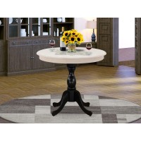 East West Furniture Antique 36 Round Kitchen Table for Compact Space Wirebrushed Butter Cream Top Black Pedestal