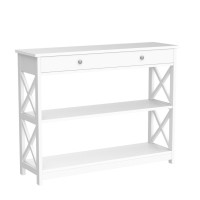 Casart 2/3-Tier Console Table, X-Design Wooden Side End Table With A Drawer/Shelves, Narrow Sofa Table Hall Desk For Living Room Bedroom Entryway (White, 3 Tiers With Drawer)