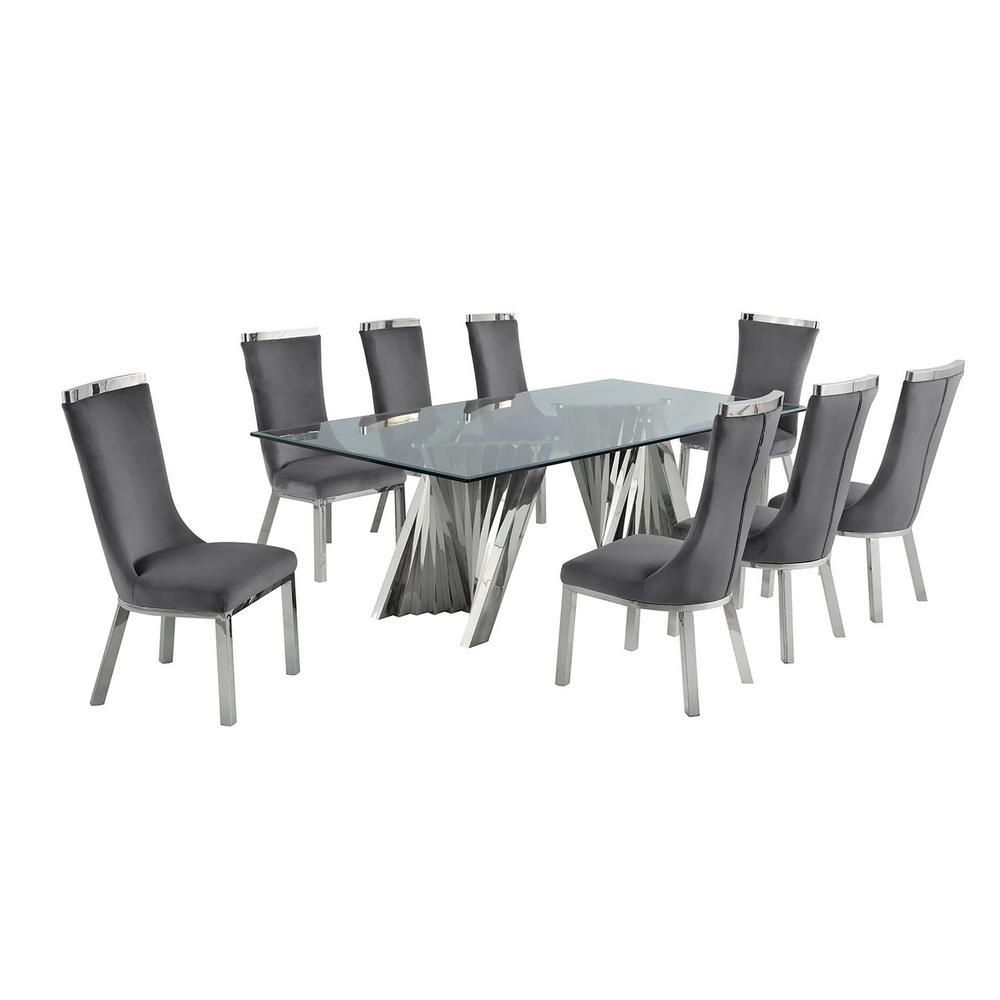 9pc dining set Recatngle Glass table with silver color base and Dark Grey velvet chairs