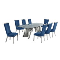 9pc dining set Recatngle Glass table with silver color base and Navy Blue velvet chairs