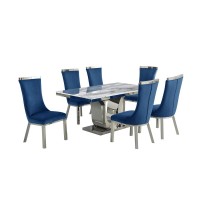 7pc dining set Recatngle Marble table with a U shape base and 6 side chairs in Navy Blue