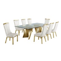 9pc dining set Recatngle Glass table with gold color base and White faux leather chairs